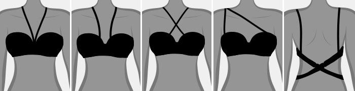 From left: Halter neck, crossover back, strapless, low back as seen from the front, low back as seen from behind.