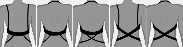 From left: Convertible bra with strap to pull down the back, the same but with a halter neck, the same but strapped to crossover in the back – see the tips above for an explanation, convertible bra with a low back extender, the same but with a halter neck.
