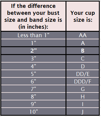 How to know if you're a B cup size Table