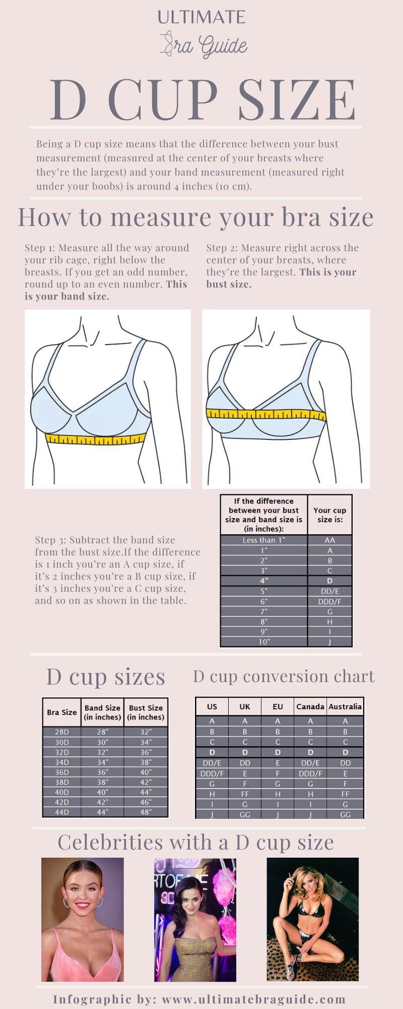 An infographic all about the D cup size - what it is, how to measure if you're D cup, a D cup conversion chart, D cup examples, and so on