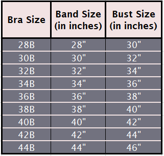 A table showing the measurements of different B cup sizes
