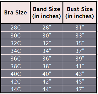 A table showing the measurements of different C cup boobs