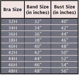 A table showing the measurements of different H cup sizes