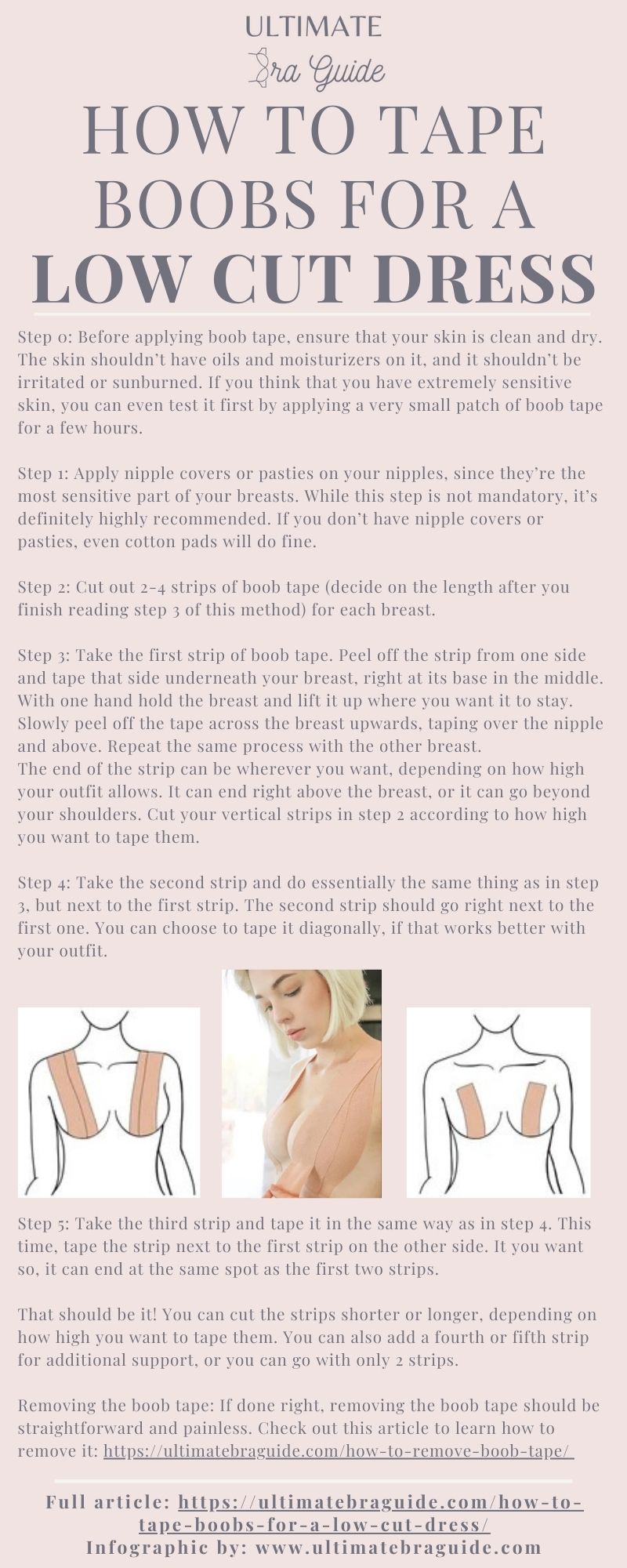 How To Tape Boobs for a Low Cut Dress Infographic - This shows a step by step guide to taping your breasts for a low cut dress