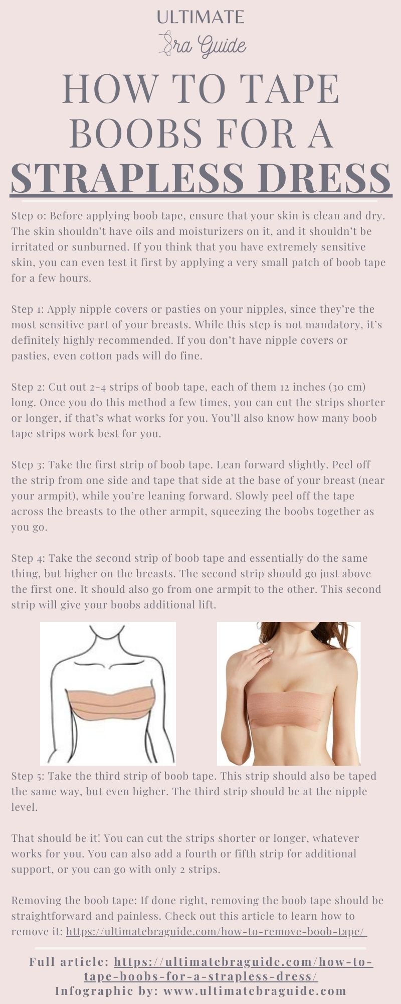 How To Tape Boobs for a Strapless Dress Infographic - This shows a step by step guide to taping your breasts for a strapless dress